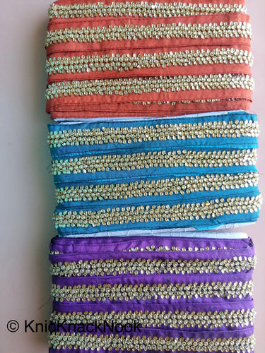Purple / Blue / Brown Fabric Trim With Silver And Gold Kundan Beads Work, Approx. 36mm Wide - 200317L526/27/28